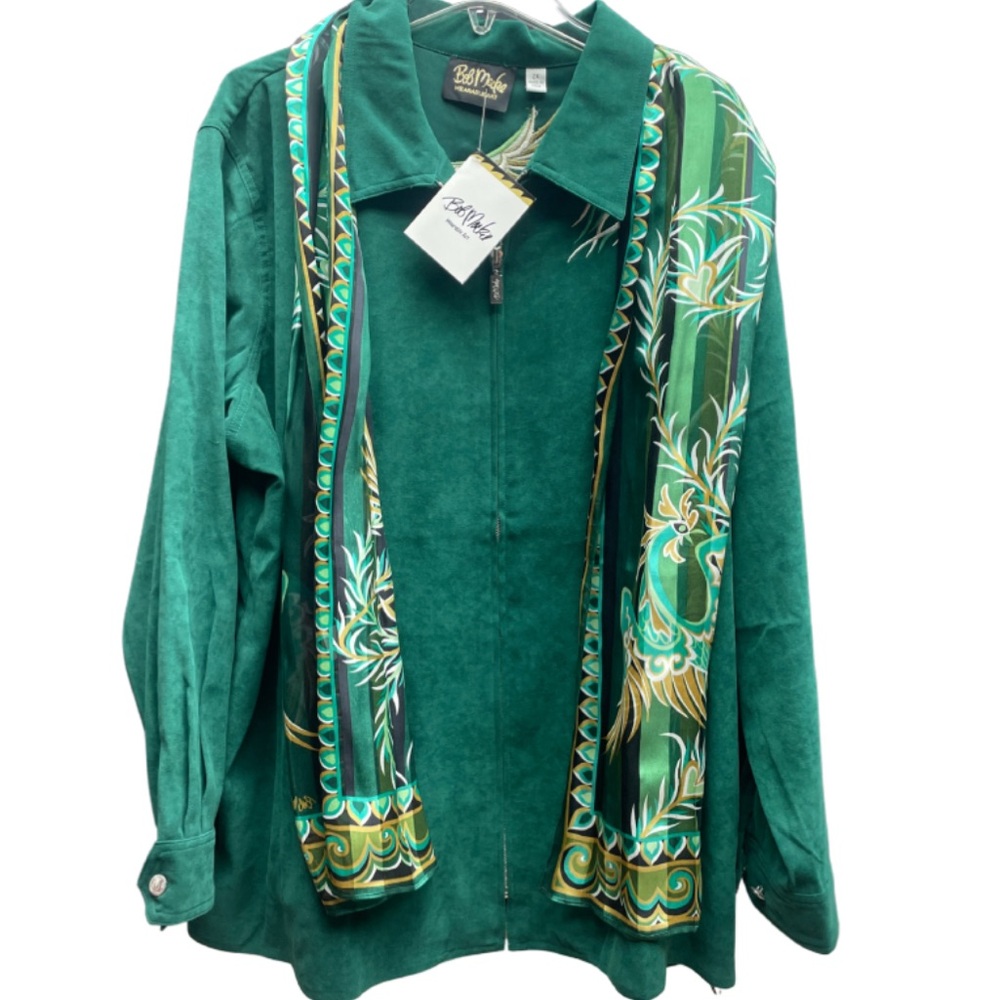 NWT Bob Mackie Green Embroidered Jacket, Solid Color Pants,Print Scarf Set, Sz2X